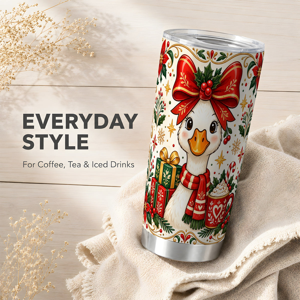 Christmas Goose Tumbler 20oz, Folk Art Stainless Steel Travel Cup