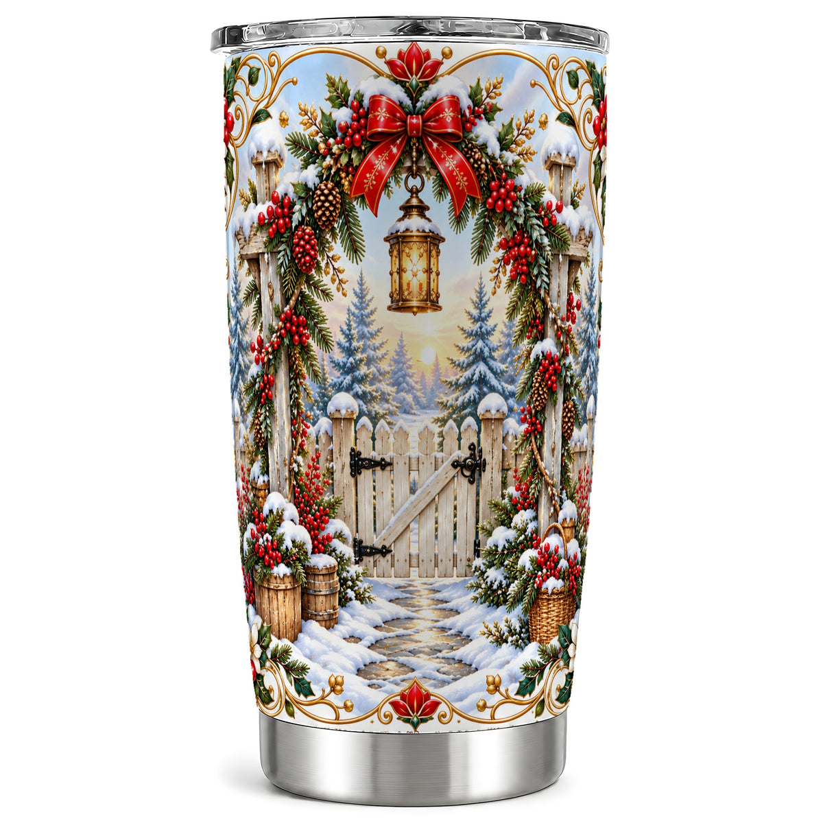 Christmas Garden Gate Tumbler 20oz, Winter Stainless Steel Travel Cup