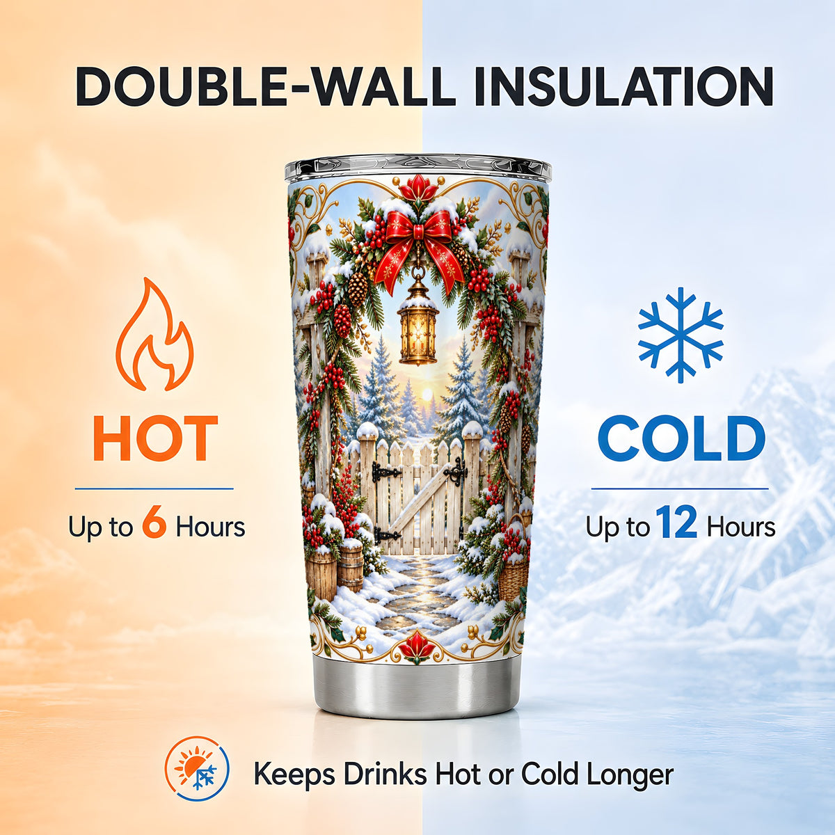 Christmas Garden Gate Tumbler 20oz, Winter Stainless Steel Travel Cup