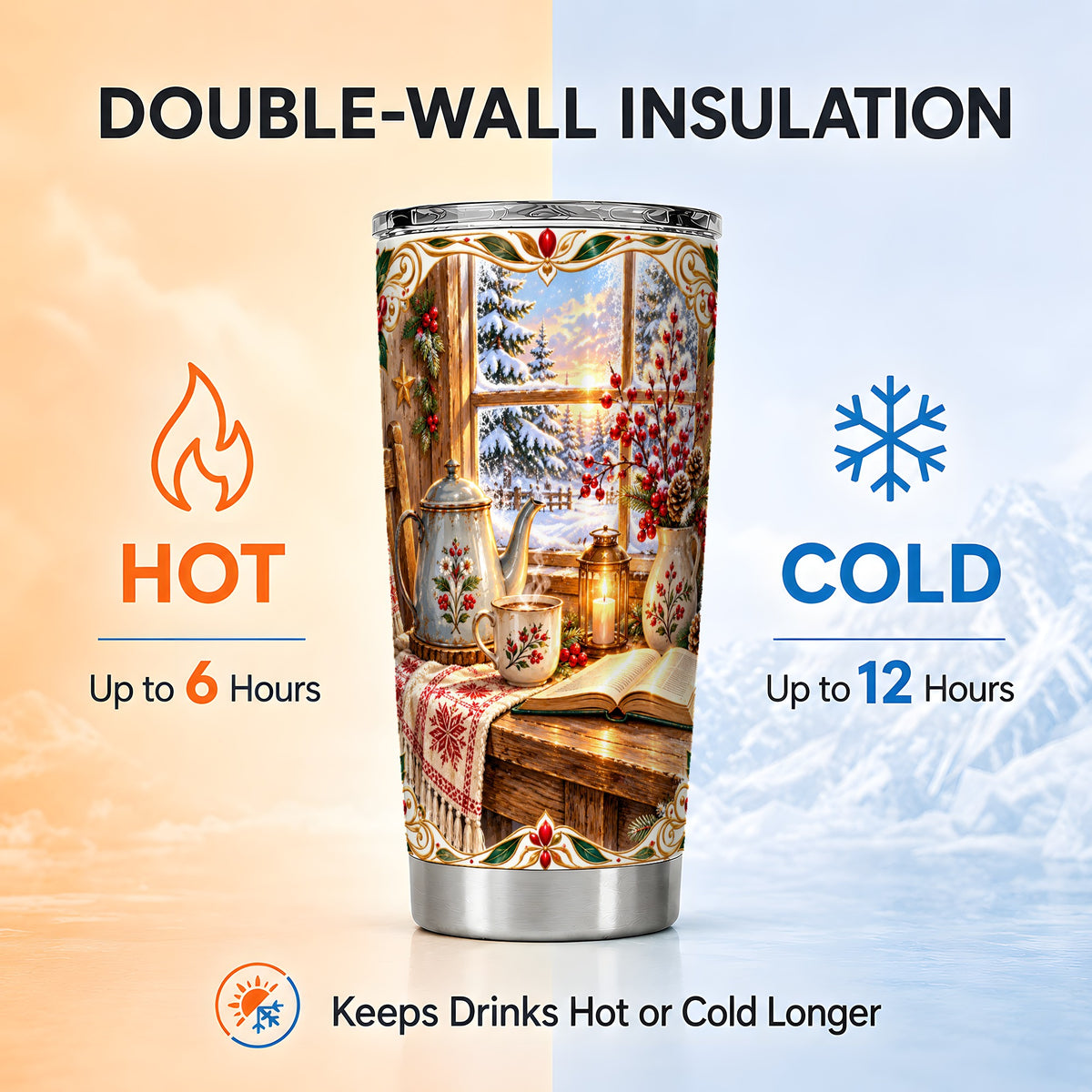 Cozy Winter Reading Tumbler 20oz, Christmas Stainless Steel Travel Cup