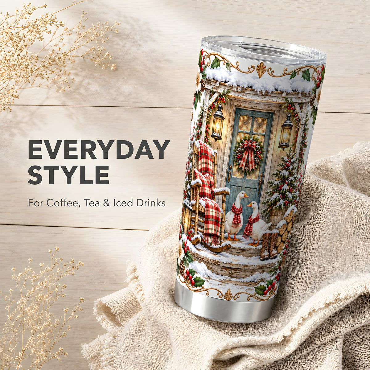 Christmas Goose Tumbler 20oz, Winter Farmhouse Stainless Steel Travel Cup