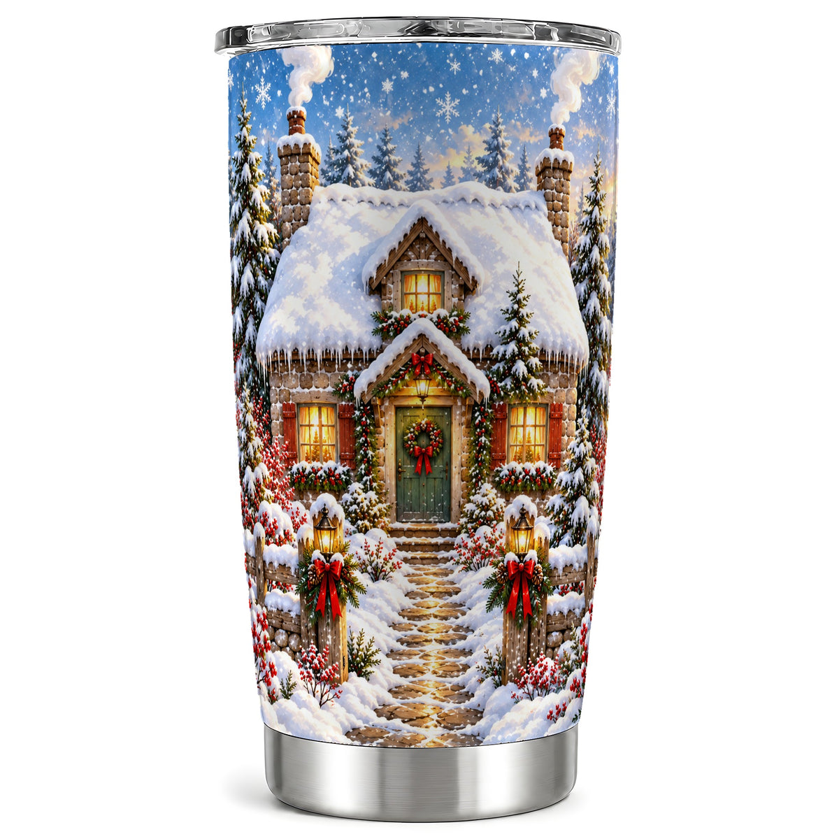 Snowy Christmas Cottage Tumbler 20oz, Winter Stainless Steel Travel Cup
