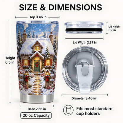 #pl[20oz|Steel] Snowy Christmas Cottage Tumbler 20oz, Winter Stainless Steel Travel Cup