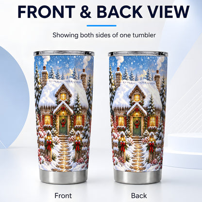 #pl[20oz|Steel] Snowy Christmas Cottage Tumbler 20oz, Winter Stainless Steel Travel Cup