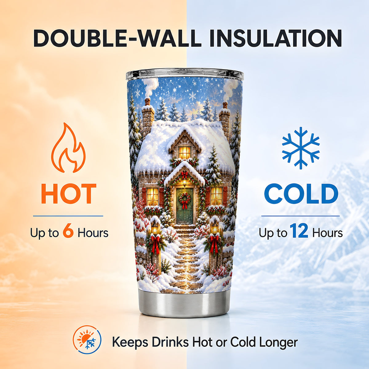 Snowy Christmas Cottage Tumbler 20oz, Winter Stainless Steel Travel Cup