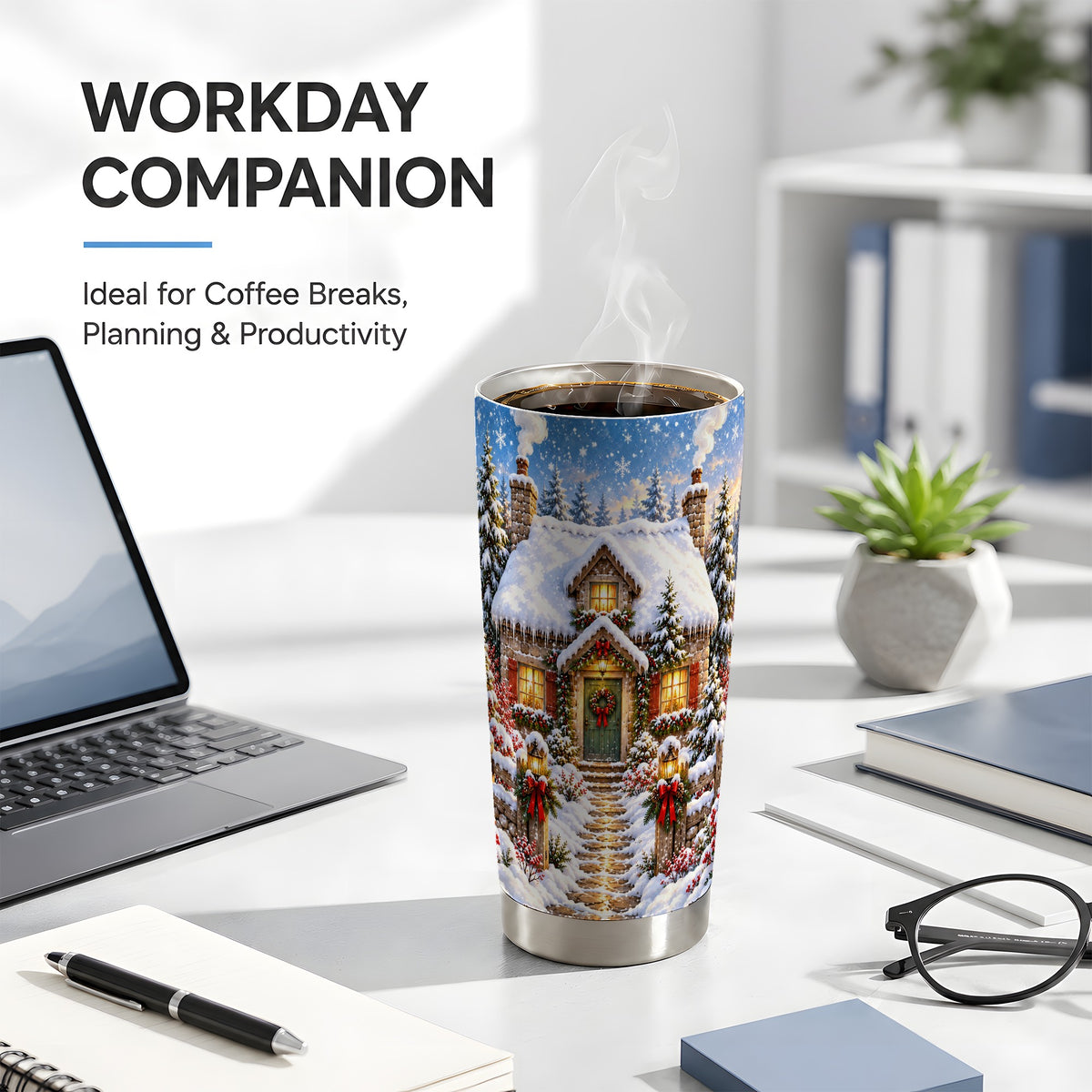 Snowy Christmas Cottage Tumbler 20oz, Winter Stainless Steel Travel Cup