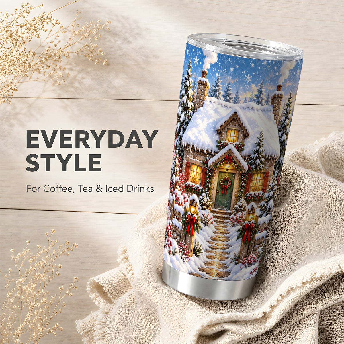 Snowy Christmas Cottage Tumbler 20oz, Winter Stainless Steel Travel Cup