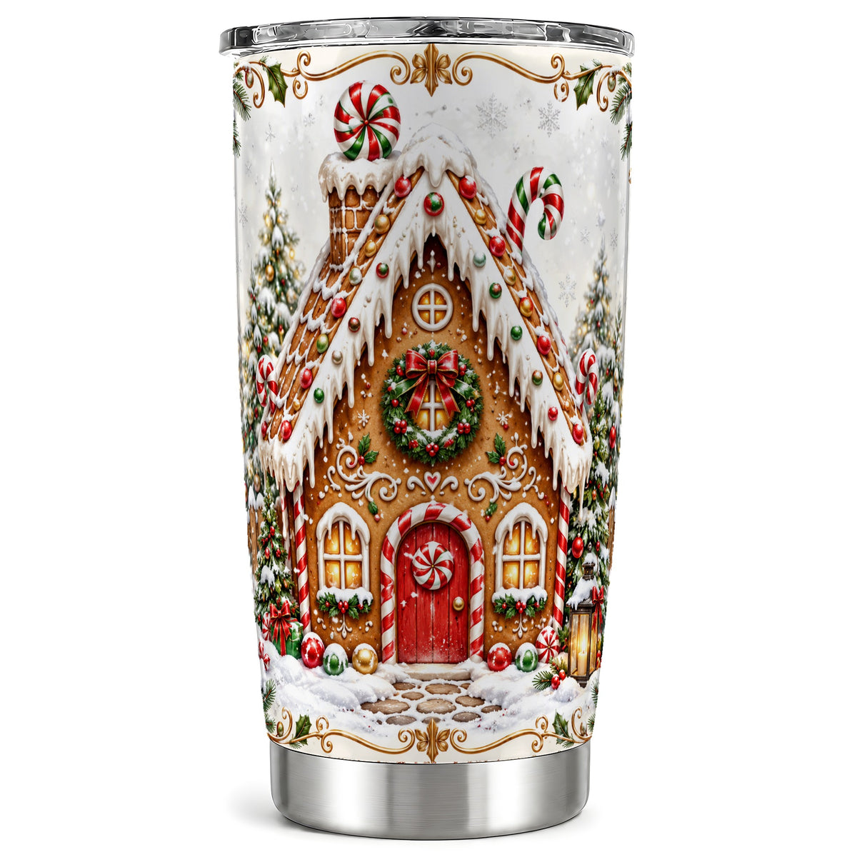 Gingerbread House Tumbler 20oz, Candy Cane Stainless Steel Travel Cup