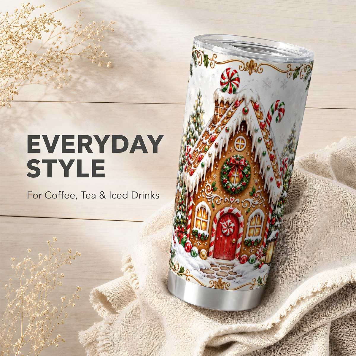 Gingerbread House Tumbler 20oz, Candy Cane Stainless Steel Travel Cup