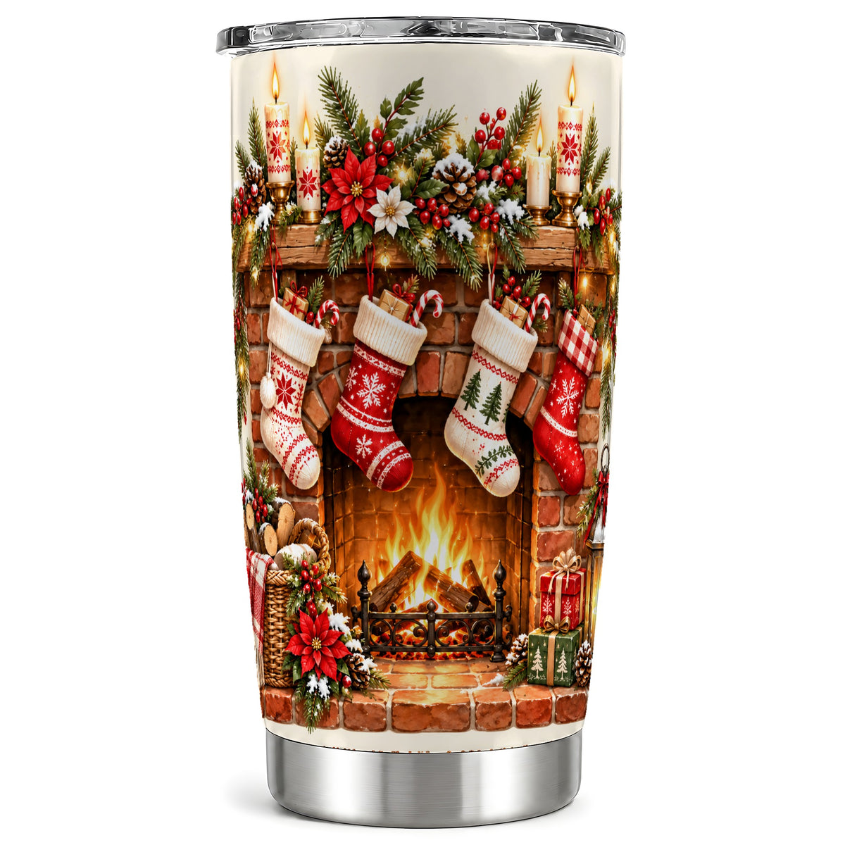 Christmas Fireplace Tumbler 20oz, Holiday Stainless Steel Travel Cup