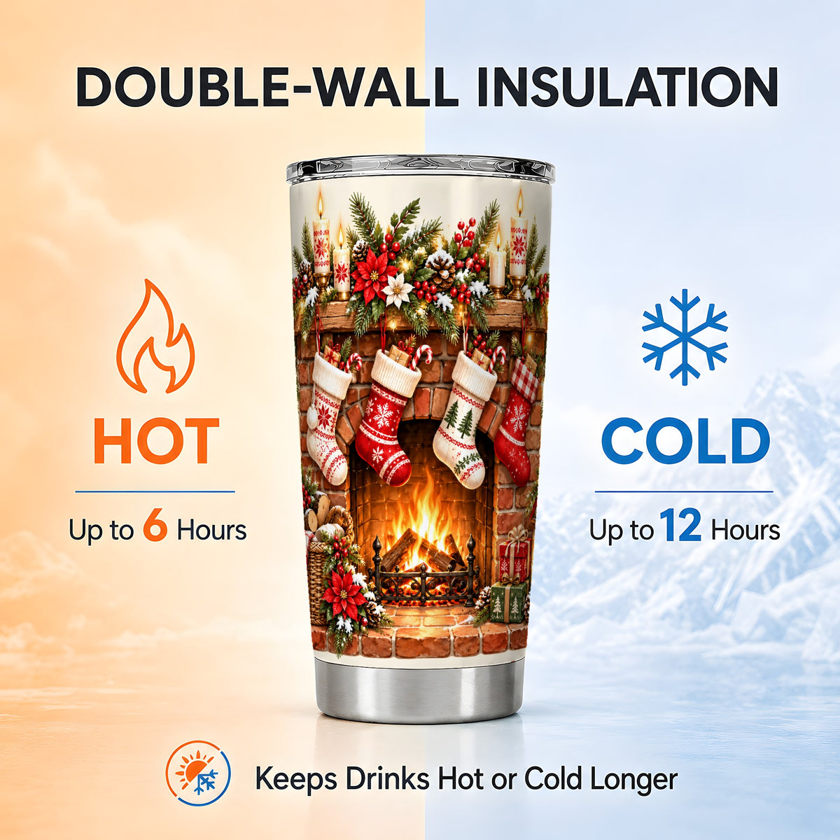 Christmas Fireplace Tumbler 20oz, Holiday Stainless Steel Travel Cup
