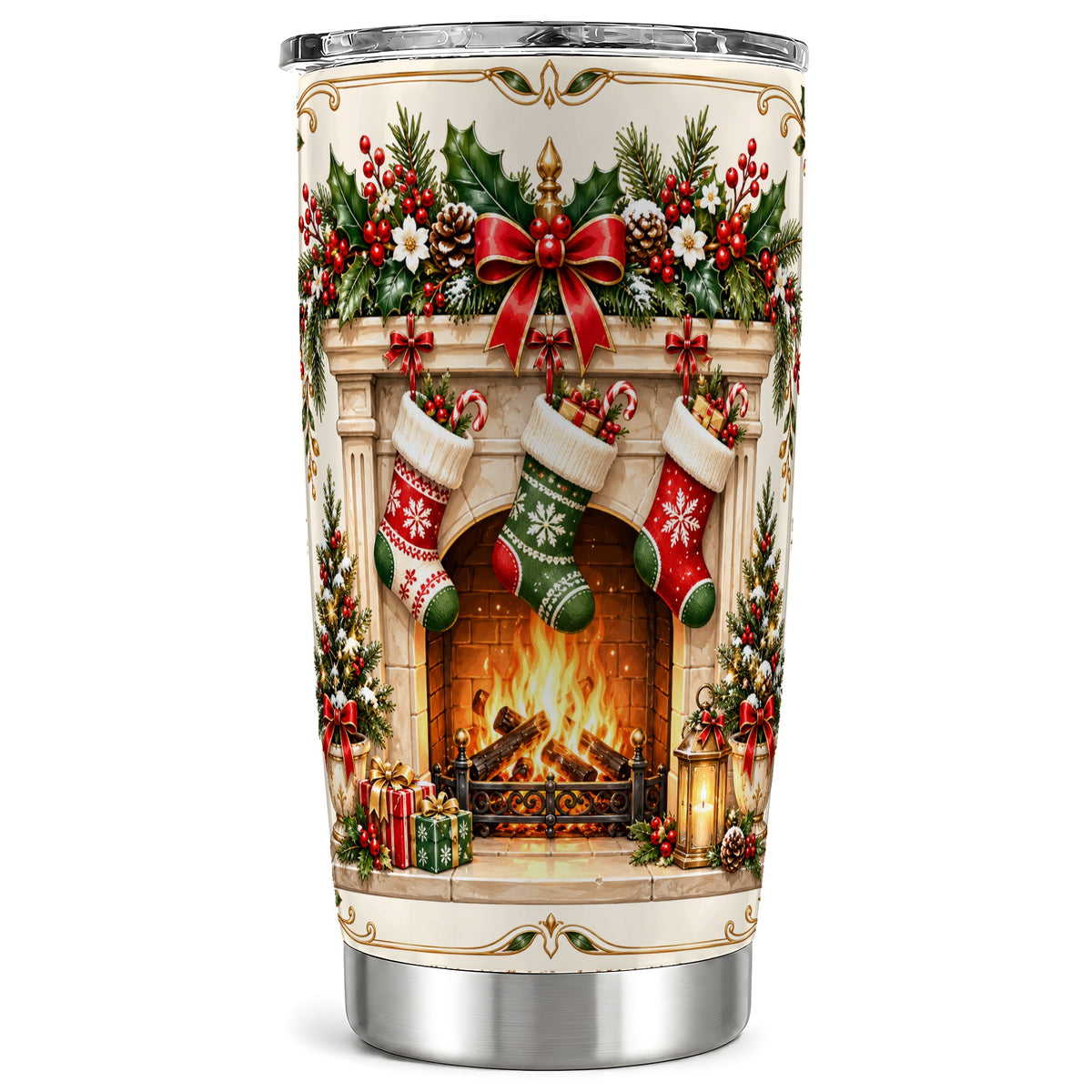 Elegant Christmas Tumbler 20oz, Vintage Holiday Stainless Steel Travel Cup