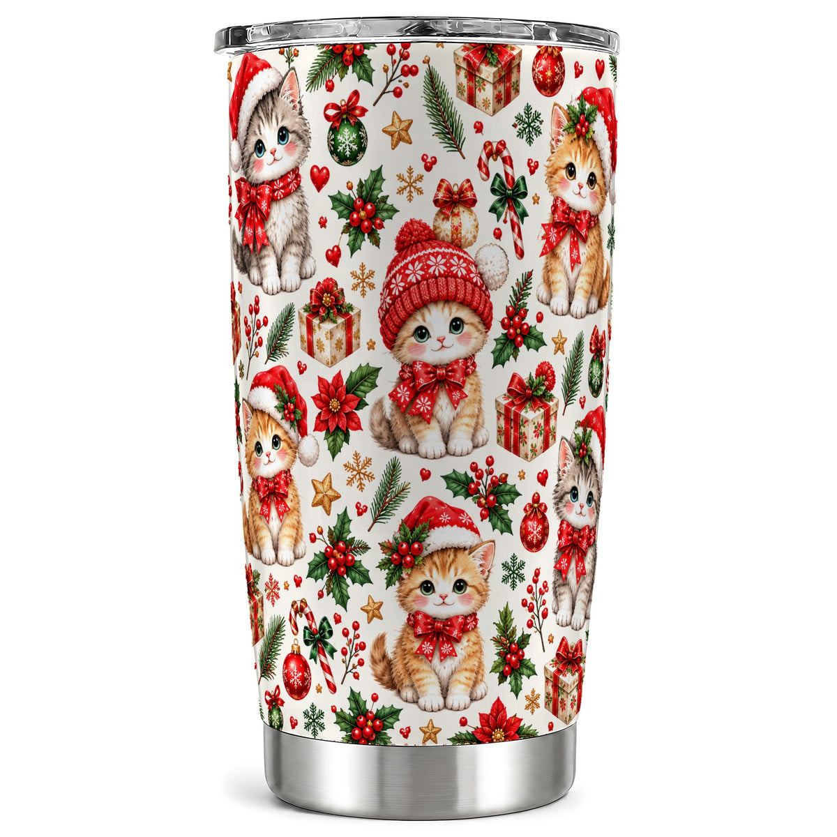 Christmas Kittens Tumbler 20oz, Cute Cats Stainless Steel Travel Cup
