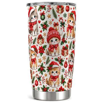 Christmas Kittens Tumbler 20oz, Cute Cats Stainless Steel Travel Cup