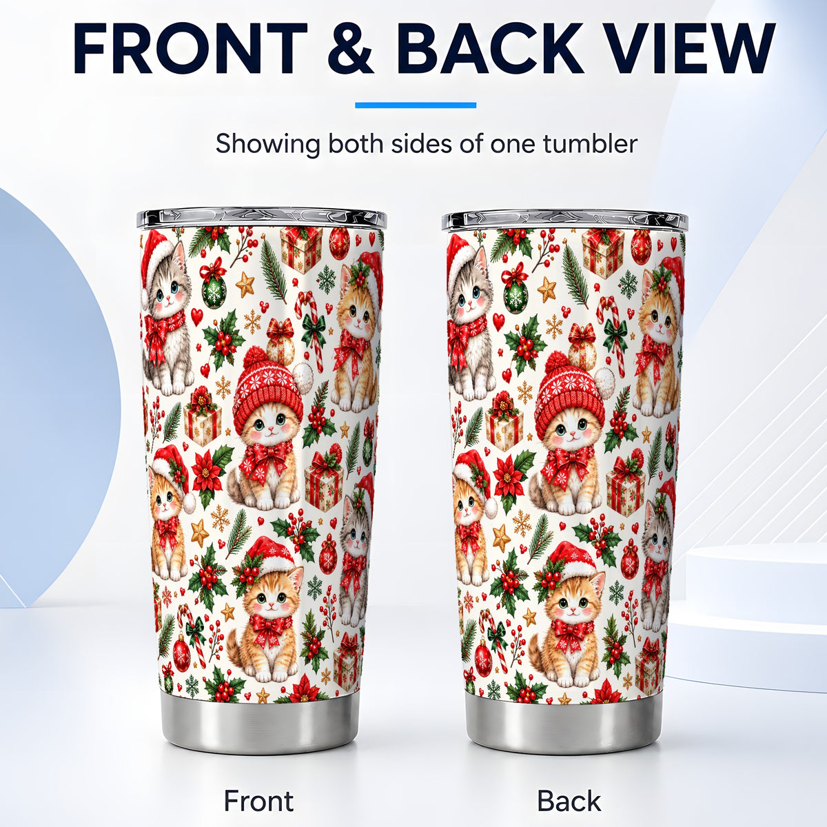 #pl[20oz|Steel] Christmas Kittens Tumbler 20oz, Cute Cats Stainless Steel Travel Cup