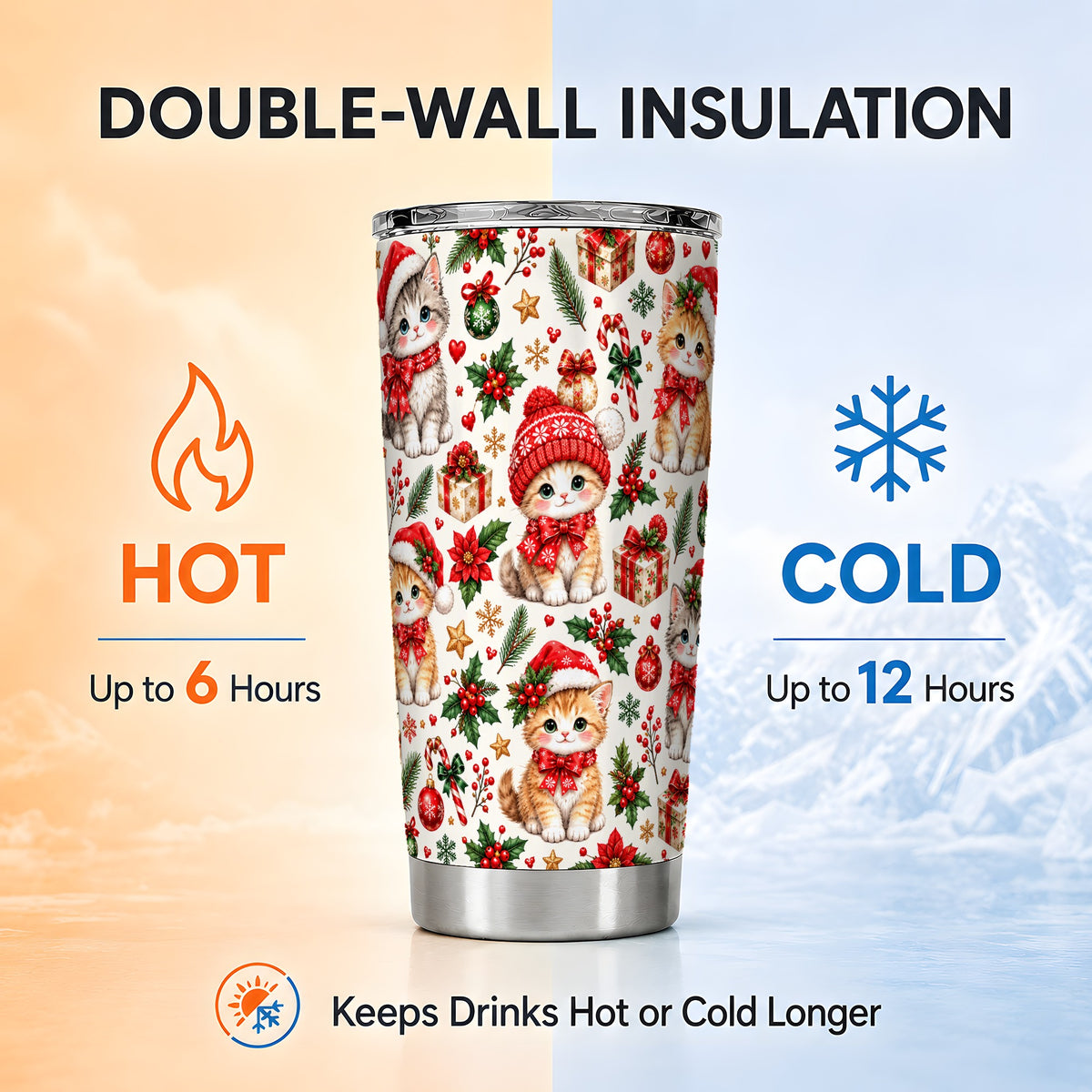 Christmas Kittens Tumbler 20oz, Cute Cats Stainless Steel Travel Cup