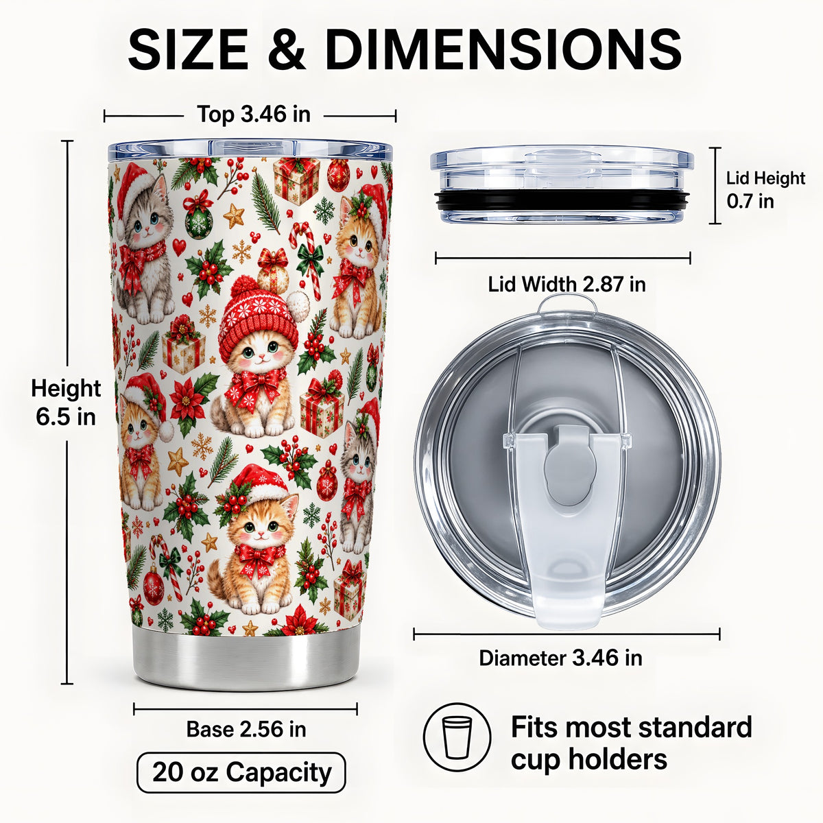 #pl[20oz|Steel] Christmas Kittens Tumbler 20oz, Cute Cats Stainless Steel Travel Cup