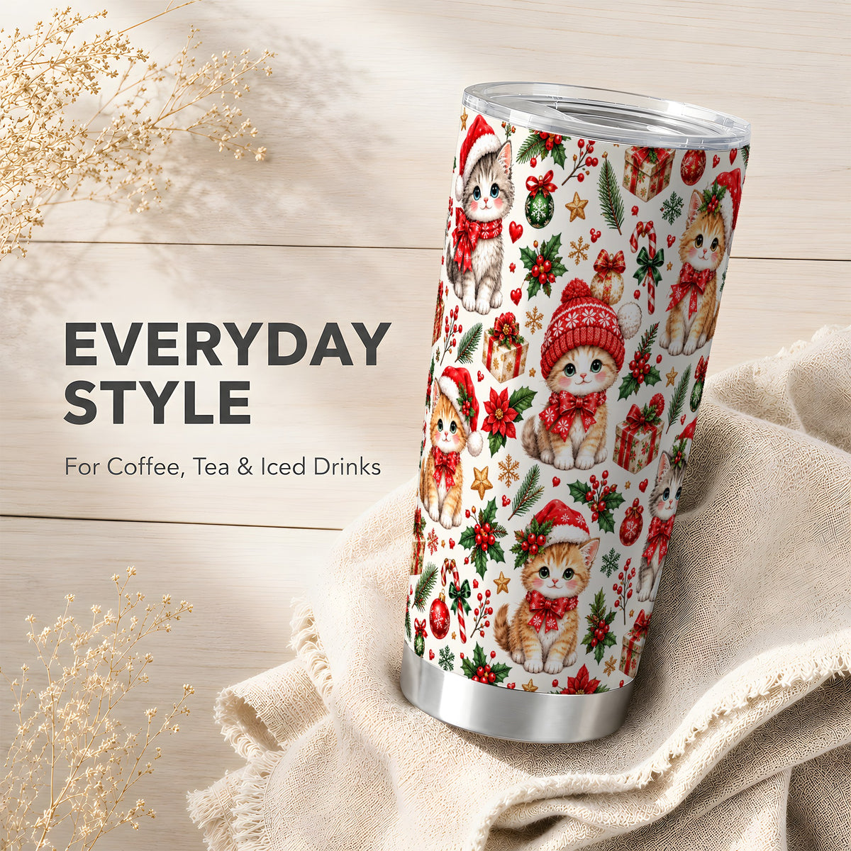Christmas Kittens Tumbler 20oz, Cute Cats Stainless Steel Travel Cup