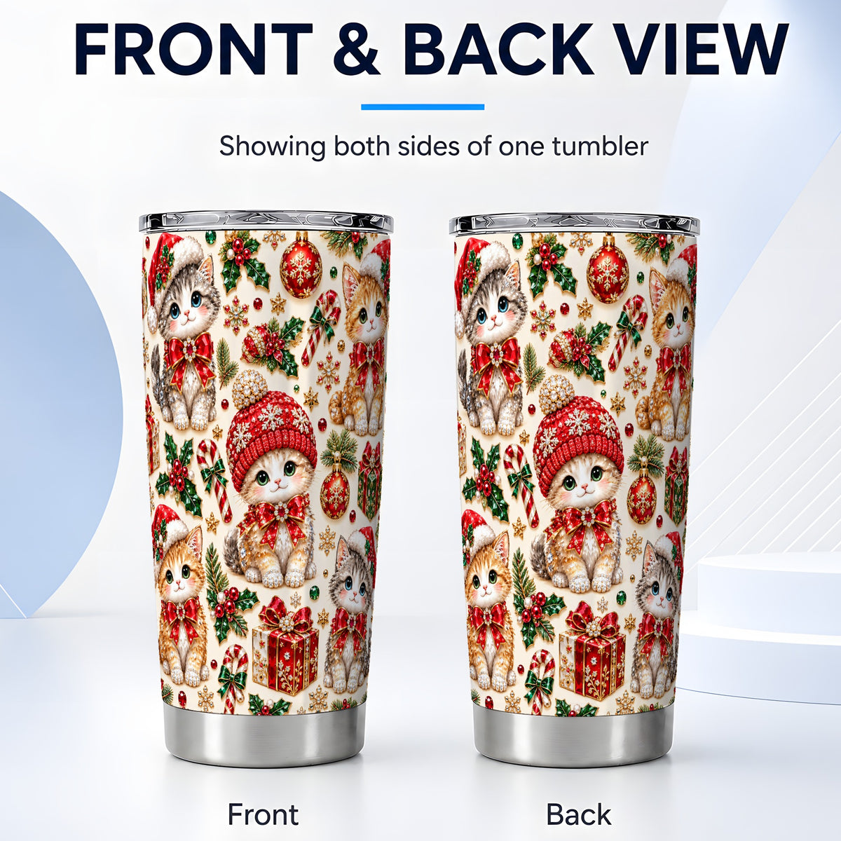 #pl[20oz|Steel] Jeweled Christmas Cats Tumbler 20oz, Holiday Stainless Steel Travel Cup