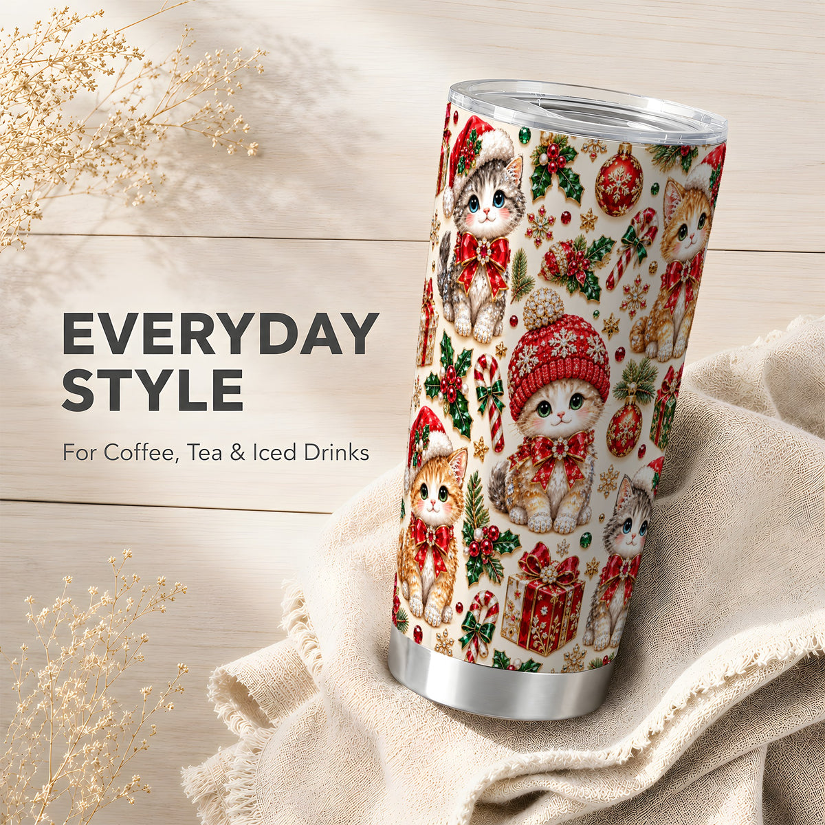 Jeweled Christmas Cats Tumbler 20oz, Holiday Stainless Steel Travel Cup