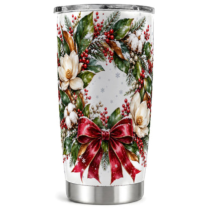 Christmas Magnolia Wreath Tumbler 20oz, Floral Stainless Steel Travel Cup