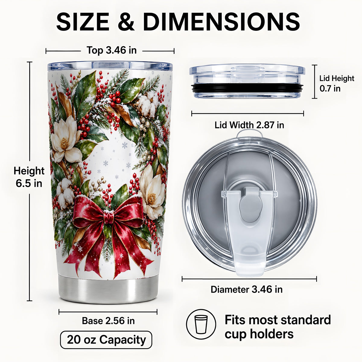 #pl[20oz|Steel] Christmas Magnolia Wreath Tumbler 20oz, Floral Stainless Steel Travel Cup
