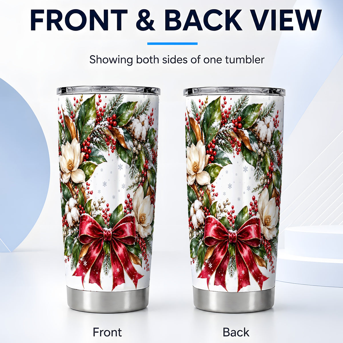 #pl[20oz|Steel] Christmas Magnolia Wreath Tumbler 20oz, Floral Stainless Steel Travel Cup