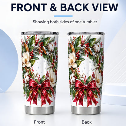 #pl[20oz|Steel] Christmas Magnolia Wreath Tumbler 20oz, Floral Stainless Steel Travel Cup