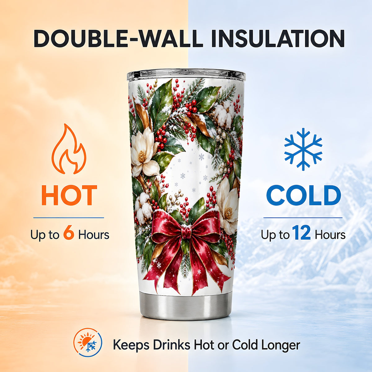Christmas Magnolia Wreath Tumbler 20oz, Floral Stainless Steel Travel Cup