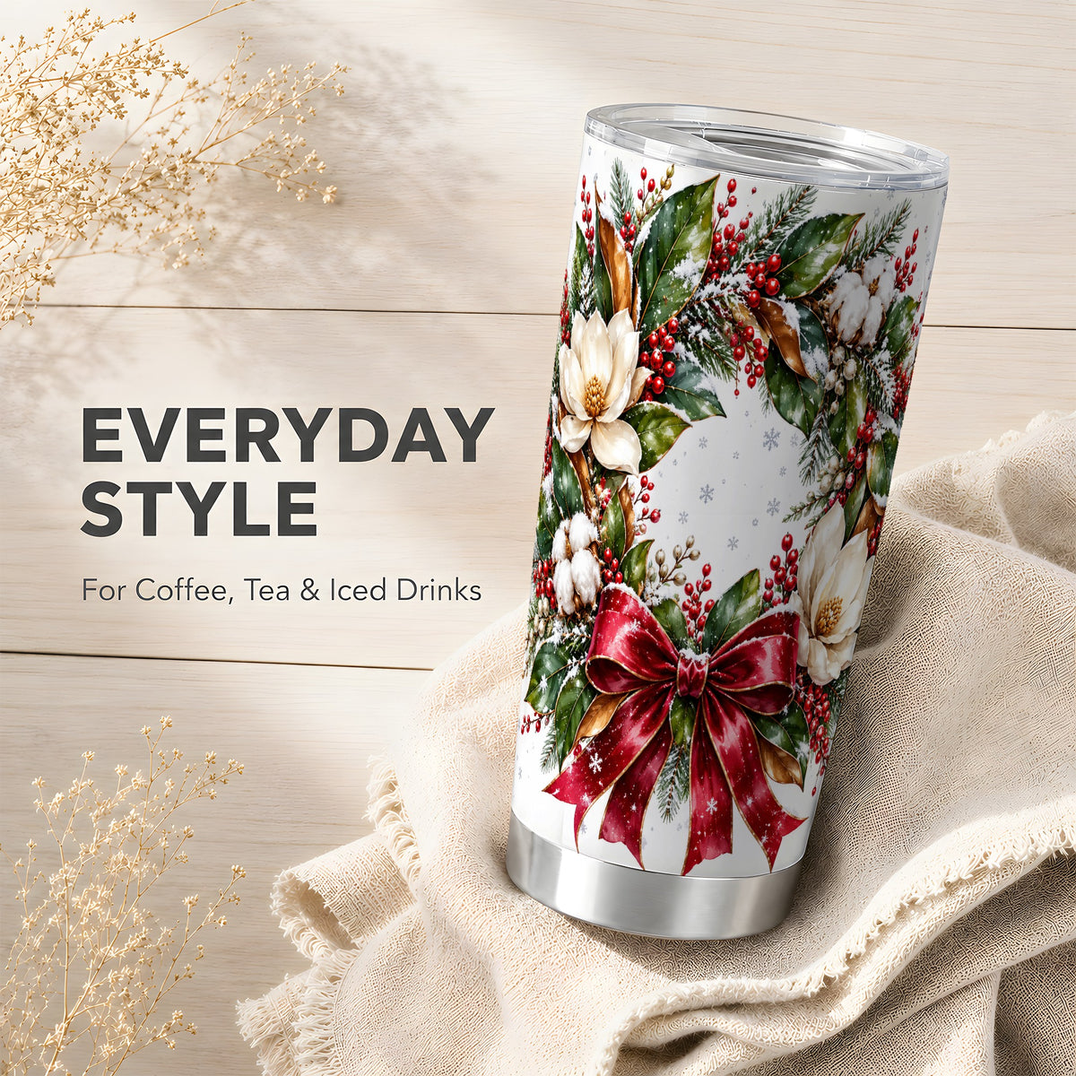 Christmas Magnolia Wreath Tumbler 20oz, Floral Stainless Steel Travel Cup