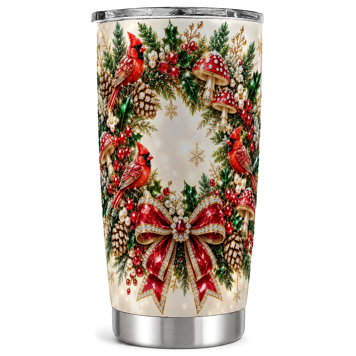 Christmas Cardinal Wreath Tumbler 20oz, Red Bird Stainless Steel Travel Cup