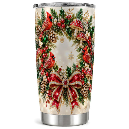 Christmas Cardinal Wreath Tumbler 20oz, Red Bird Stainless Steel Travel Cup