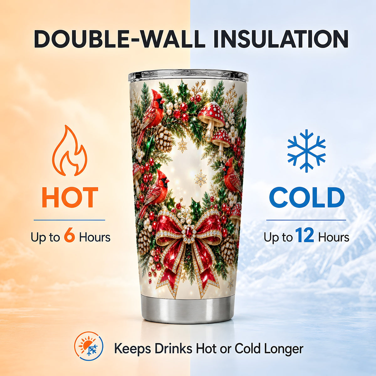 Christmas Cardinal Wreath Tumbler 20oz, Red Bird Stainless Steel Travel Cup