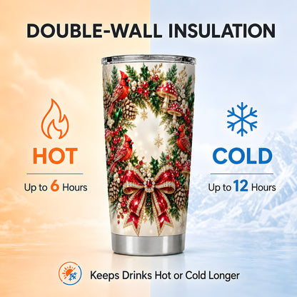 Christmas Cardinal Wreath Tumbler 20oz, Red Bird Stainless Steel Travel Cup