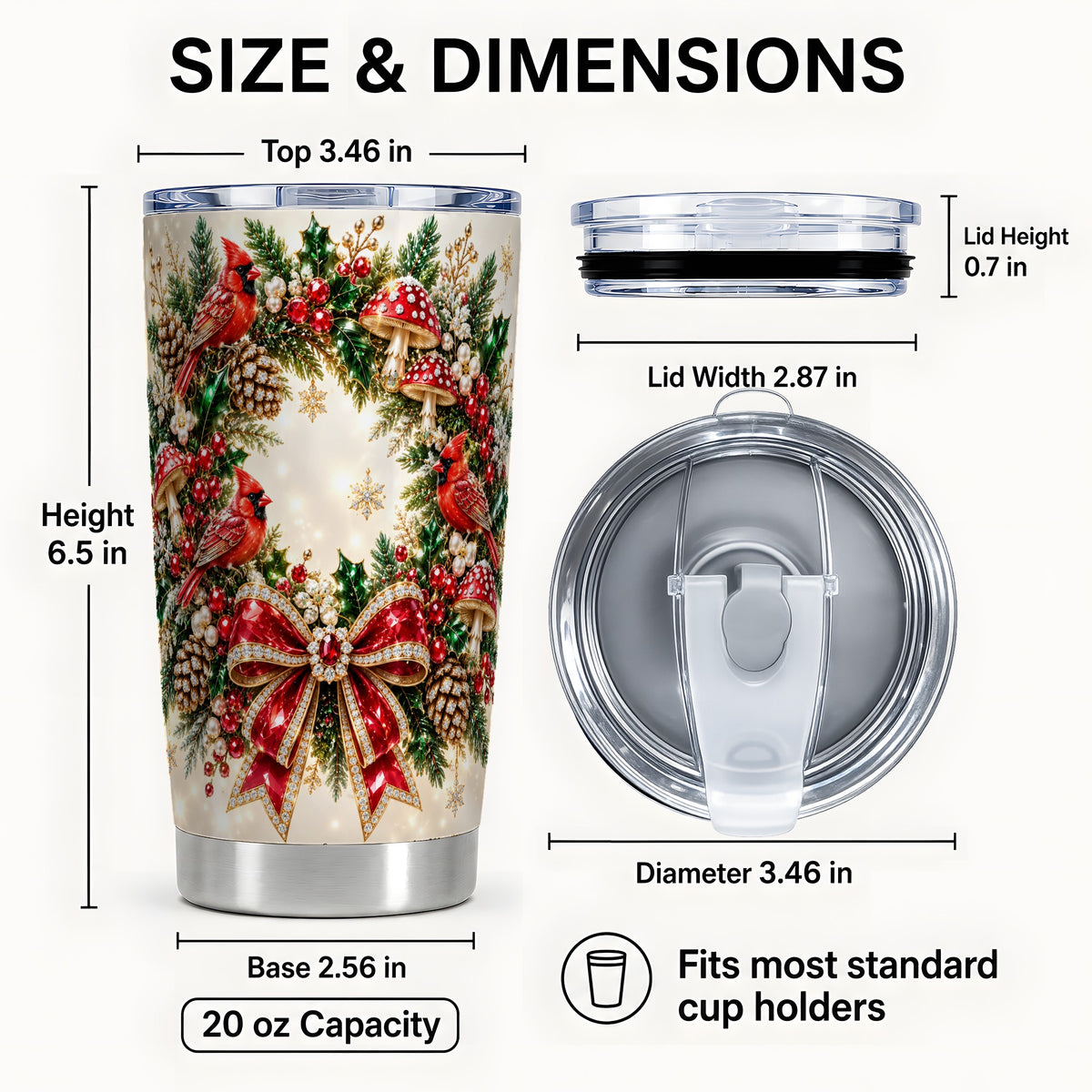 #pl[20oz|Steel] Christmas Cardinal Wreath Tumbler 20oz, Red Bird Stainless Steel Travel Cup