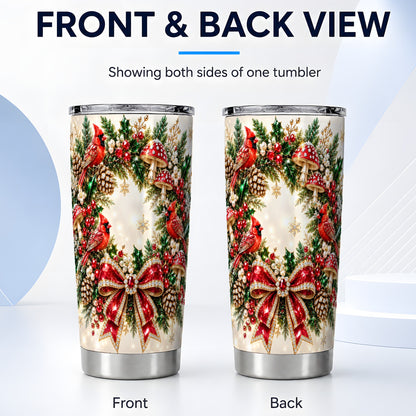 #pl[20oz|Steel] Christmas Cardinal Wreath Tumbler 20oz, Red Bird Stainless Steel Travel Cup