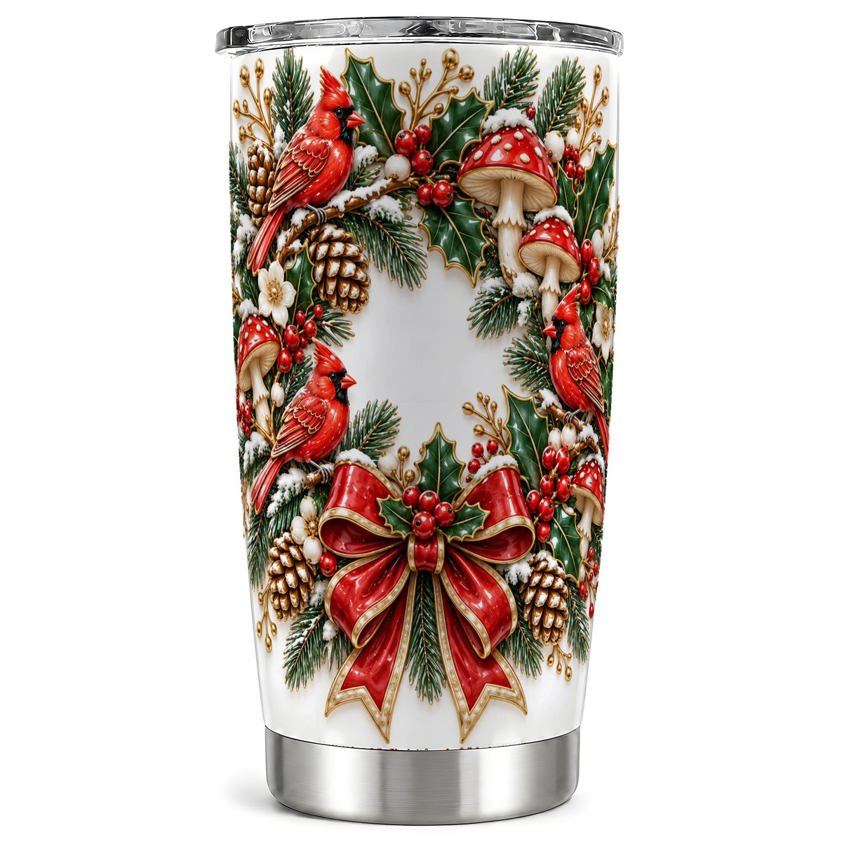 Snowy Cardinal Wreath Tumbler 20oz, Christmas Stainless Steel Travel Cup