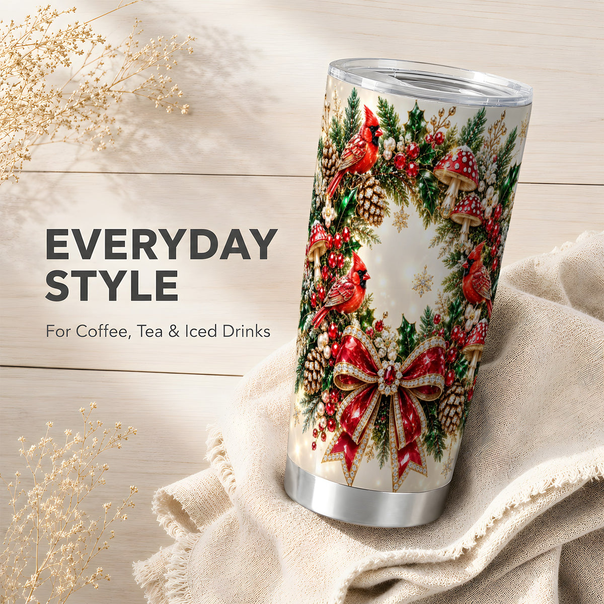 Christmas Cardinal Wreath Tumbler 20oz, Red Bird Stainless Steel Travel Cup