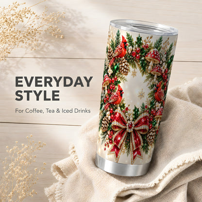Christmas Cardinal Wreath Tumbler 20oz, Red Bird Stainless Steel Travel Cup
