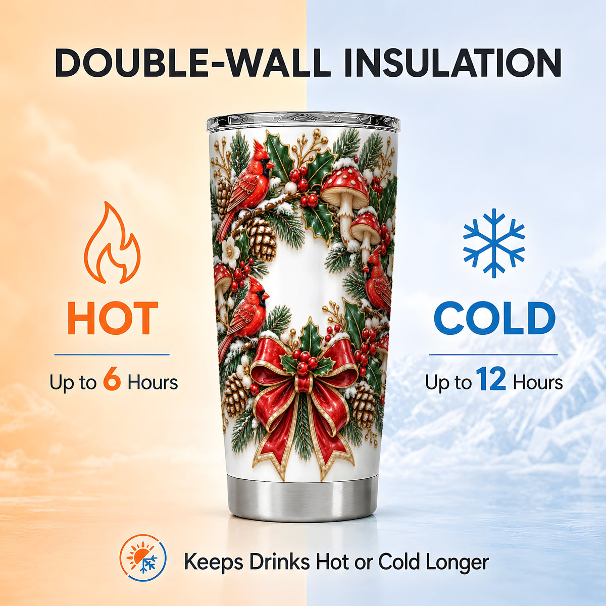 Snowy Cardinal Wreath Tumbler 20oz, Christmas Stainless Steel Travel Cup
