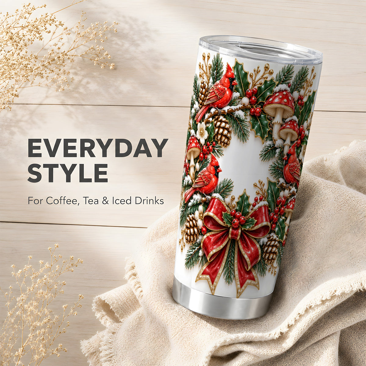 Snowy Cardinal Wreath Tumbler 20oz, Christmas Stainless Steel Travel Cup