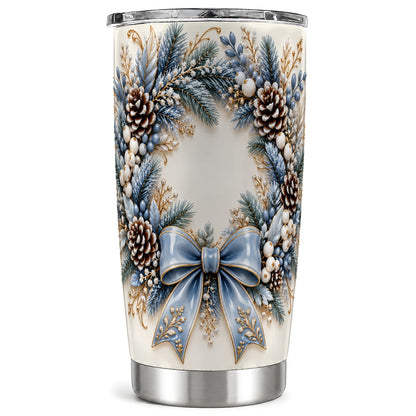 Blue Winter Wreath Tumbler 20oz, Snowy Pine Stainless Steel Travel Cup