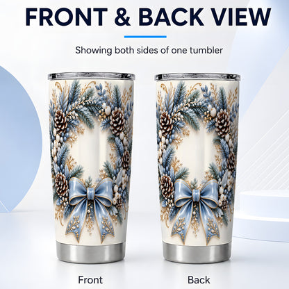 #pl[20oz|Steel] Blue Winter Wreath Tumbler 20oz, Snowy Pine Stainless Steel Travel Cup