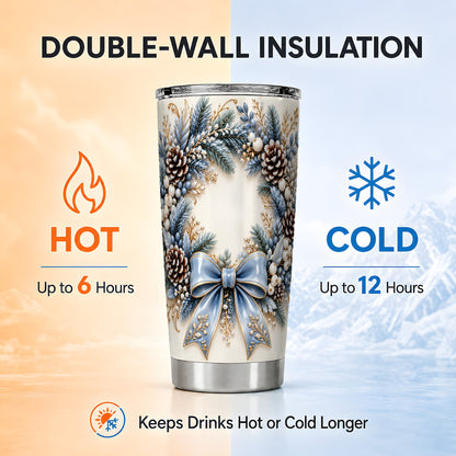 Blue Winter Wreath Tumbler 20oz, Snowy Pine Stainless Steel Travel Cup