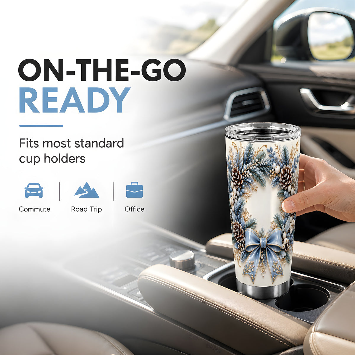 Blue Winter Wreath Tumbler 20oz, Snowy Pine Stainless Steel Travel Cup