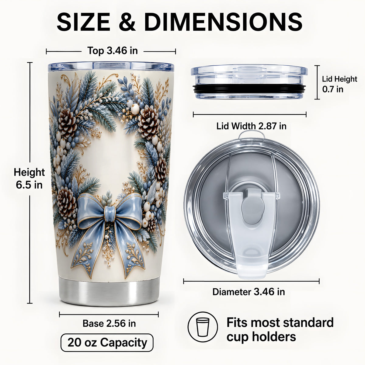 #pl[20oz|Steel] Blue Winter Wreath Tumbler 20oz, Snowy Pine Stainless Steel Travel Cup