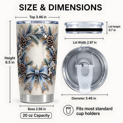 #pl[20oz|Steel] Blue Winter Wreath Tumbler 20oz, Snowy Pine Stainless Steel Travel Cup