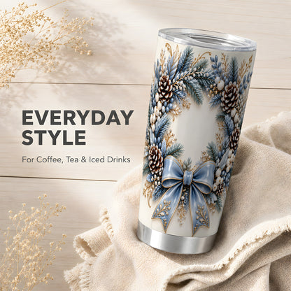 Blue Winter Wreath Tumbler 20oz, Snowy Pine Stainless Steel Travel Cup