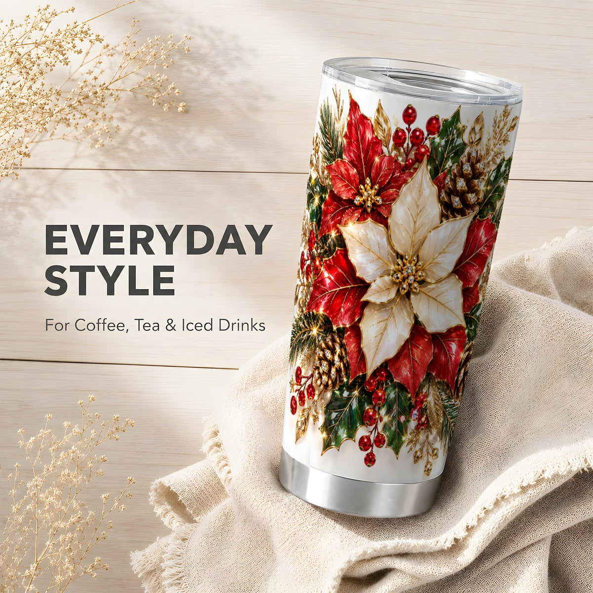 Christmas Poinsettia Tumbler 20oz, Floral Stainless Steel Travel Cup