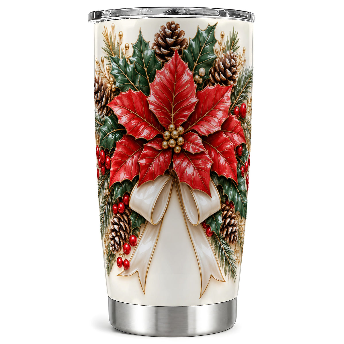 Red Poinsettia Tumbler 20oz, Christmas Floral Stainless Steel Travel Cup